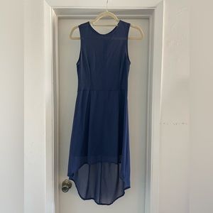 Topshop blue sundress with sheer midi train